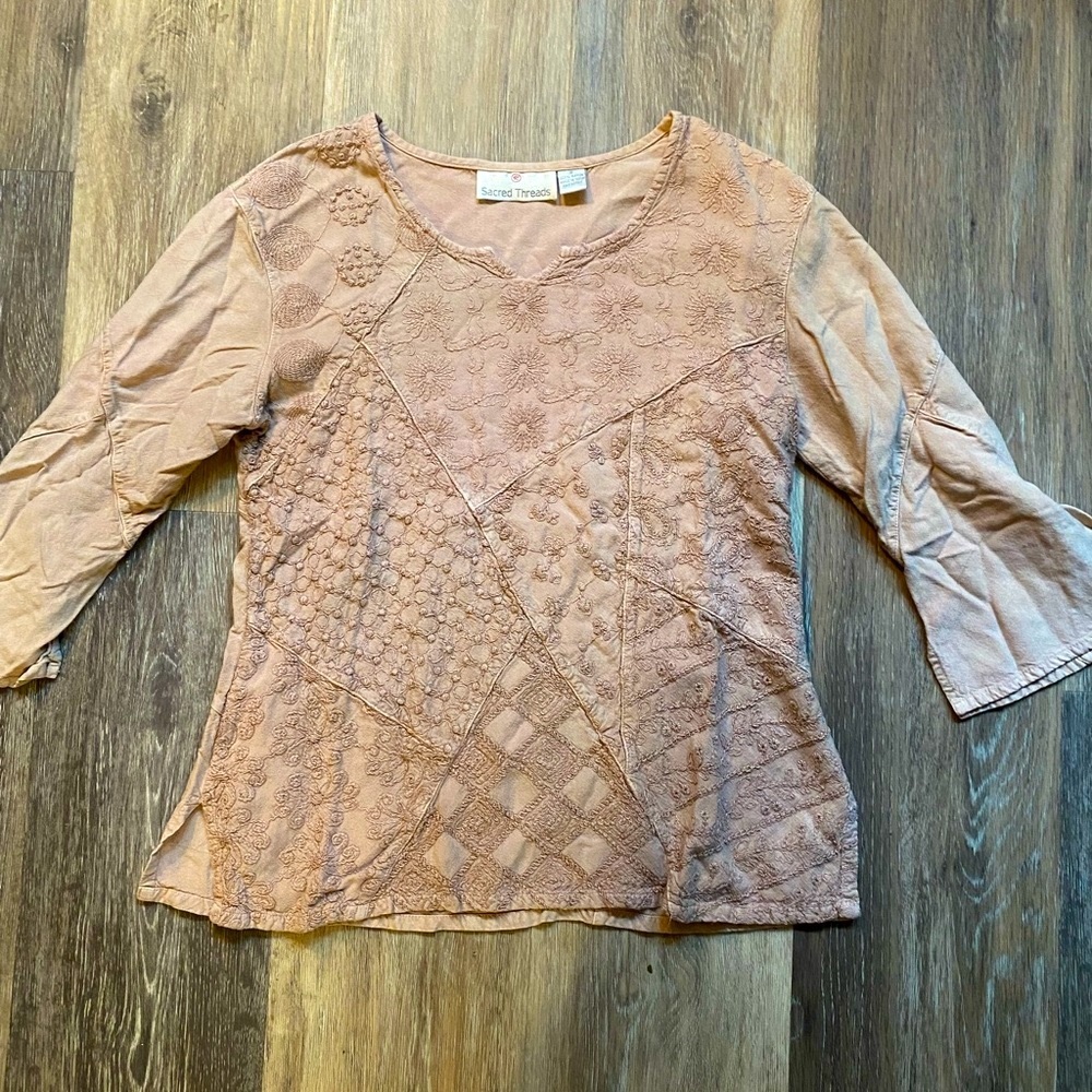 Sacred Threads Embroidered Patchwork‎ Textured Pink Blouse Size Small Whimsygoth